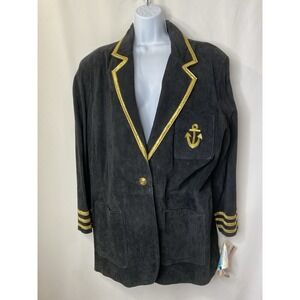 Atlantic Beach Black Leather Long Coat Sz 1X Open Front Vintage Anchor Sailor